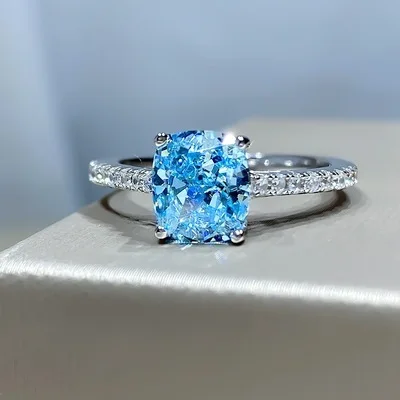 Cushion Cut Natural Sky Blue Topaz 925 Sterling Silver Geometric Ring for Women Luxury Gemstone Jewelry Anillos Wedding Gift