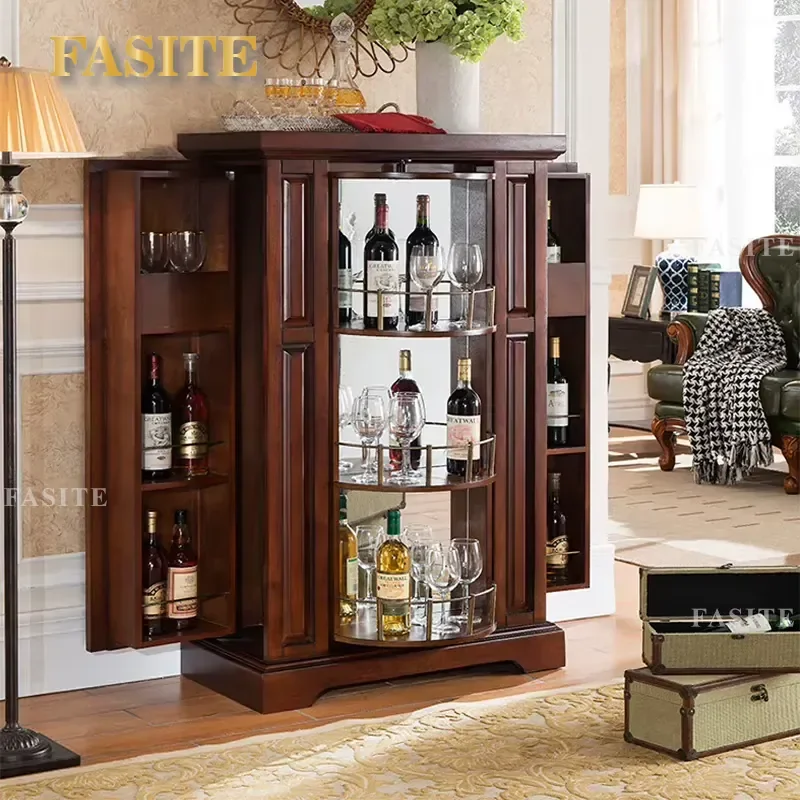 Retro bar Wooden Wine Cabinet, 360-degree Rotating Display case for the Living Room, Multi-functional Cabinet, Hotel