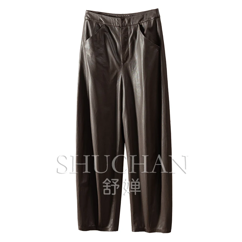 

Italian Leather Sheepskin High Waist Pants Women Streetwear Women Fashion 2024 Autumn Winter Women Pants