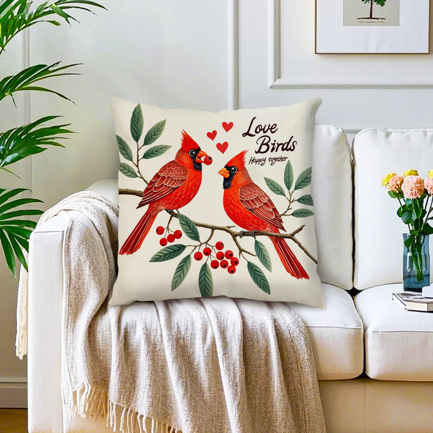 Red Cardinal Couple Linen Cushion Case Holly Berry Decorative Throw Pillow Cover Bird Lovers Home Decor Sofa Couch Bedroom Patio
