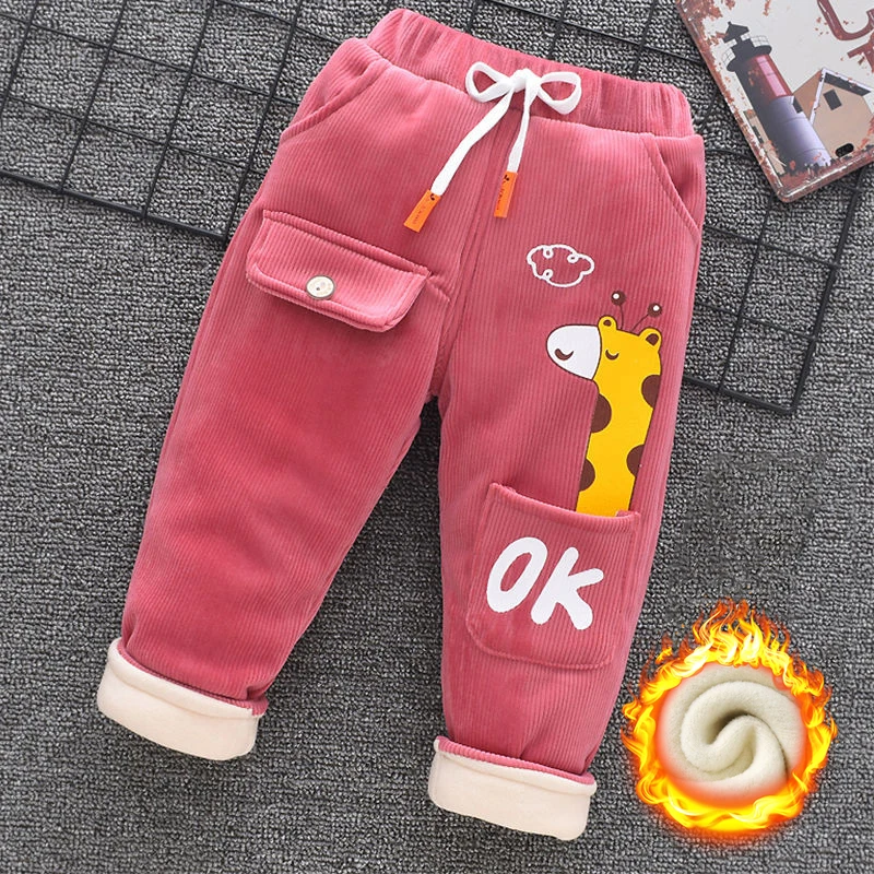 Winter Kids Fleece Pant 0-7Y Children Clothing Autumn Baby Girl Plus Velvet Leggings Boys Embroidery Cartoon Thick Warm Trousers