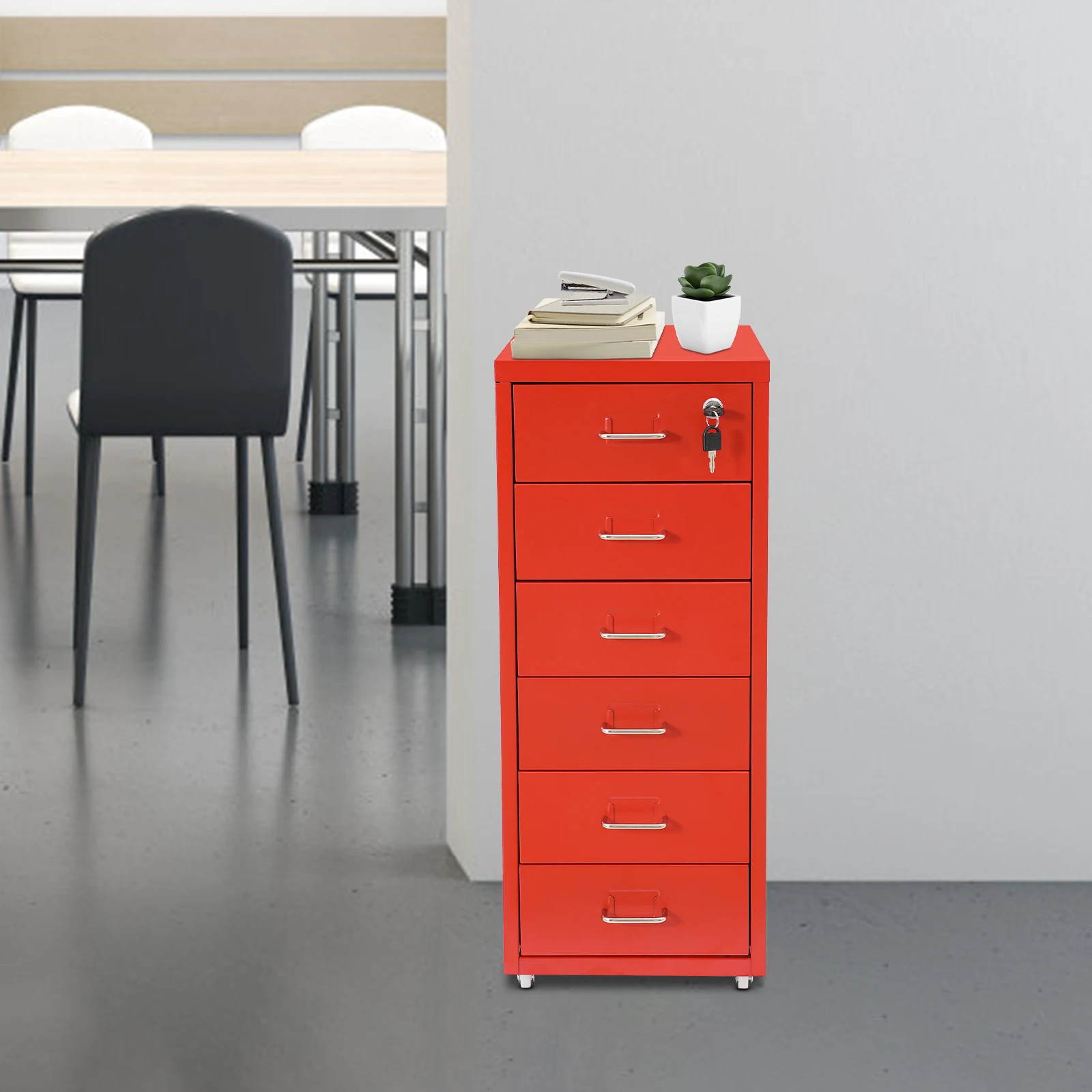 6-Drawers خزانة ملفات متنقلة مع قفل 4 * عجلات الصلب خزانة الملفات العمودية خزانة مكتب خزانة جانبية داخلية صندوق تخزين
