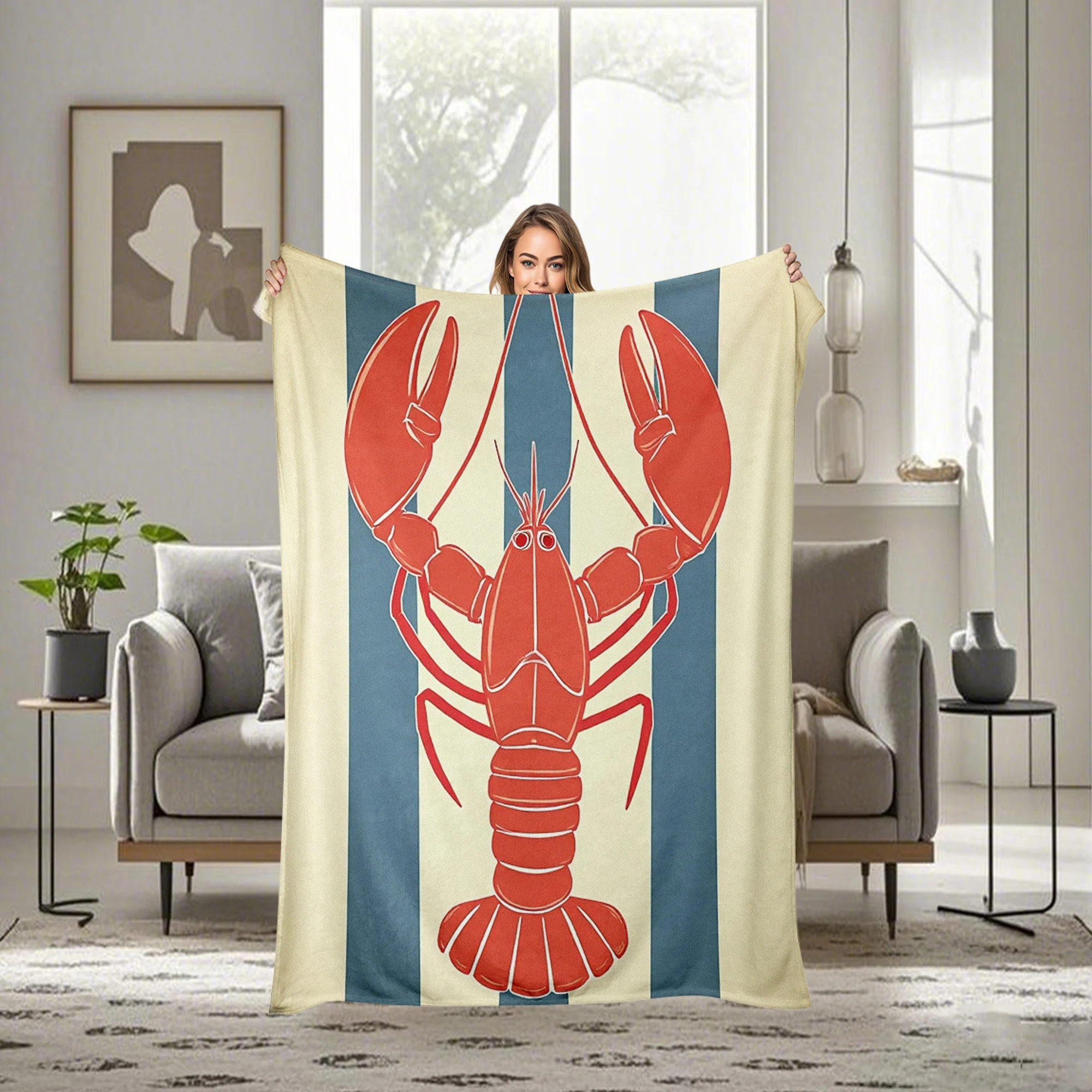 Coastal Nautical Red Lobster Throw Blanket Suitable for Home and Camping - Soft Warm Flannel Bedspread with Cream & Blue Stripes, All-Season Bed Cover for Sofa or Bedding, Machine Washable Gift for And