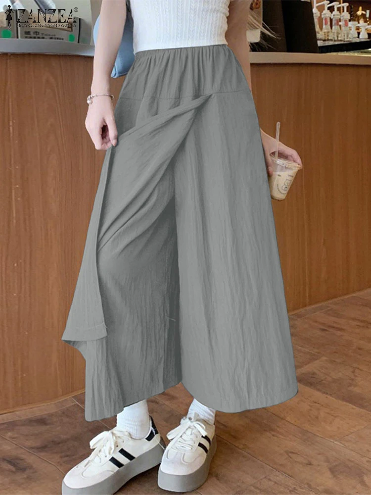 

Women Casual Loose Skirt Pants Summer Wide Leg Trousers 2025 ZANZEA Vintage Solid Elastic Waist Pleated Bottoms Oversized