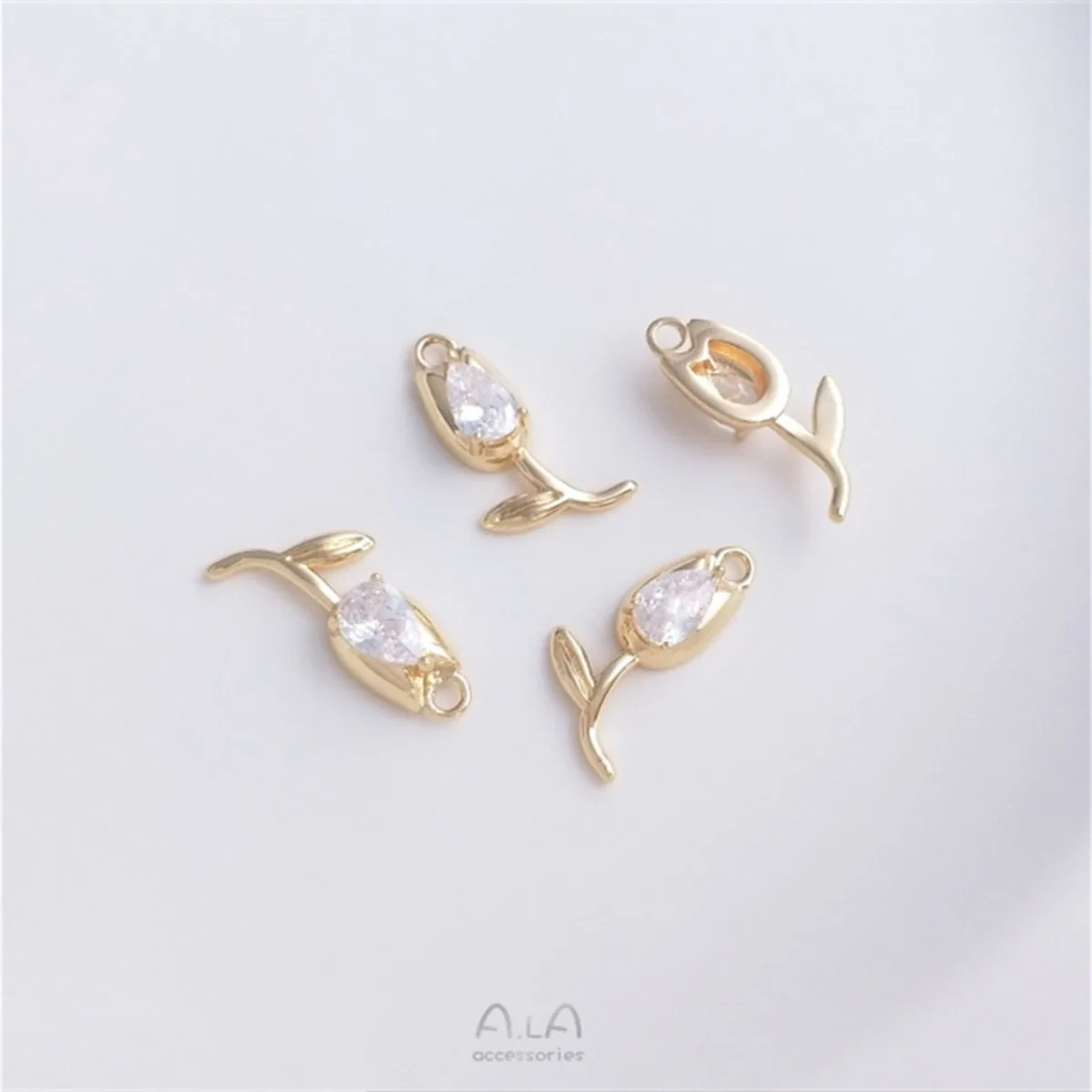 Brass 14K Gold Plated Sparkly Teardrop Zircon Tulip Bud Pendants 1pcs DIY Handmade Floral Accessories