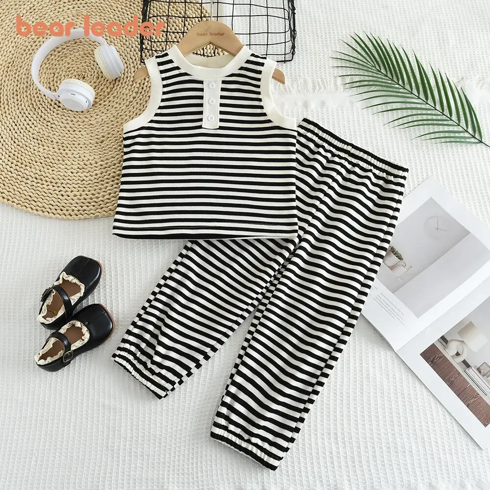 Bear Leader Summer Kids Korean Version Clothes Outfits 3-7 Years Baby Girl's Stripes Sleeveless Top+Casual Pants Children's Set