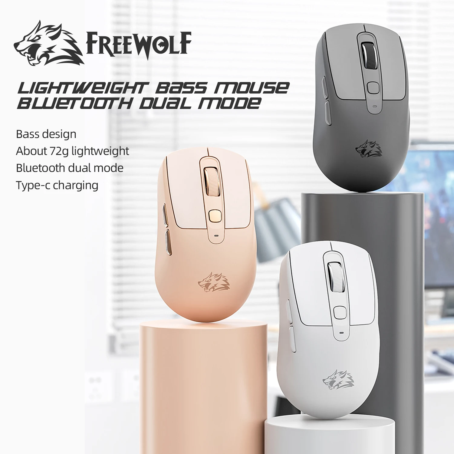 A3 Silent Mouse Wireless FREEWOLF Bluetooth Dual Mode, Power Light, 5-Gang DPI, ABS Pink Skin Nicht verblassen, PAW3212 Chip Silent Design