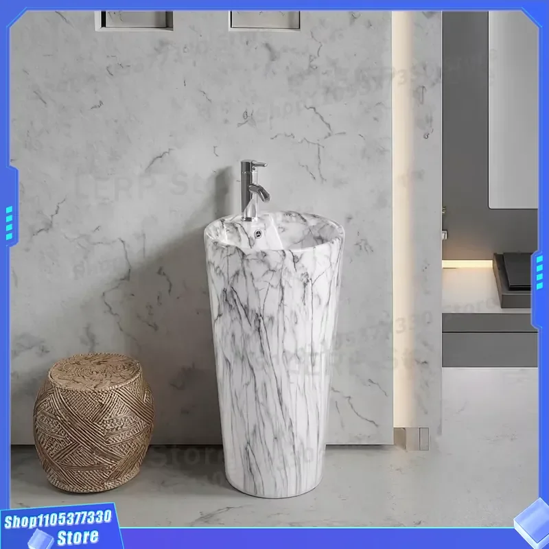 High Temperature Ceramic Floor Sink Set Luxury Jazz White Marble Appearance Integrated Column Wash Basin Seamless Design
