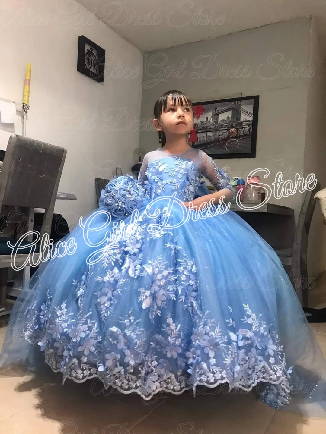 Customized Blue Flower Girl Dress Lace Appliques First Communion Ball Birthday with Bow Graduation Ceremony Wedding Party Gowns