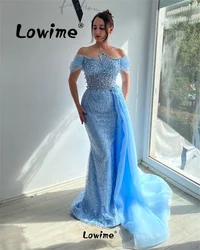 Blue Aso Ebi Crystals Beaded Mermaid Prom Dresses Sequined Evening Gowns With Side Train Long Off Shoulder Wedding Party Dress