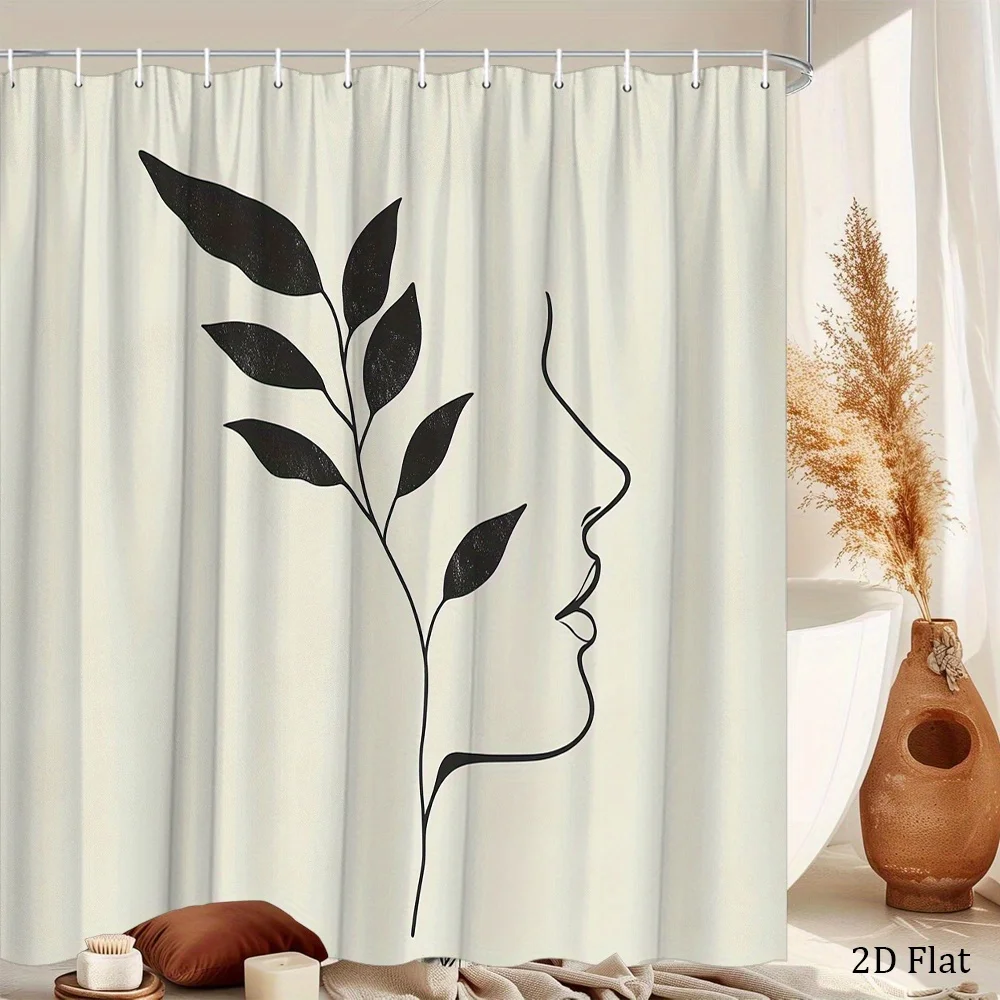 Minimalist Women's Side Face Shower Curtain Abstract Line Leaf Pattern Polyester Shower Curtain 12 Hook Bathroom decoration