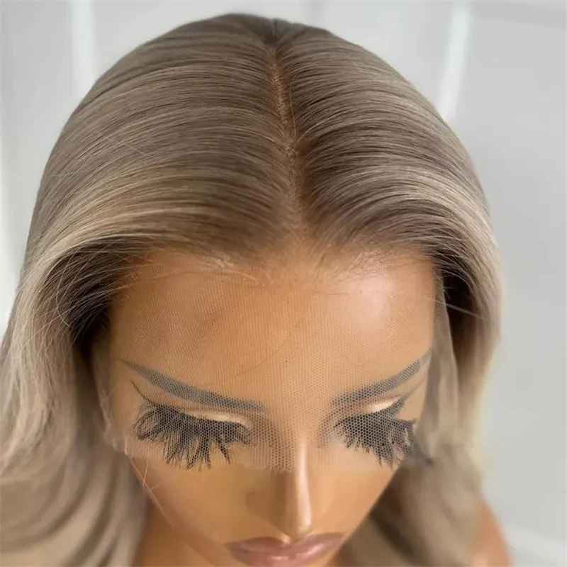Soft Natural Wave Wig 13x4 Free Part Ombre Ash Blonde Colored Synthetic HD Lace Front Wig Preplucked Hairline with Baby Hair