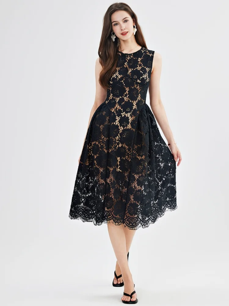 

SMTHMA High End Light Luxury Lace Hollow Out Summer Dress Women's Sleeveless O-Neck Slim Waist Runway Long Dresses Vestidos