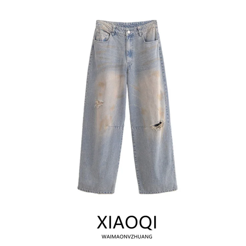 ربيع 2025 جينز نسائي ممزق من قماش الدنيم عتيق مع مظهر بالون قطع l سروال طويل الخصر من قماش الدنيم للسيدات