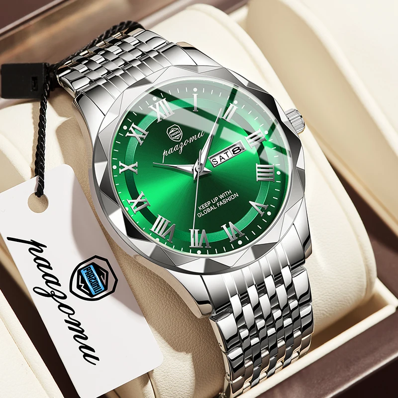 POEDAGAR TOP Original Men นาฬิกากันน้ําวันที่สี่เหลี่ยมผืนผ้า Man นาฬิกาข้อมือตาข่ายสแตนเลสผู้ชายนาฬิกาควอตซ์ชาย