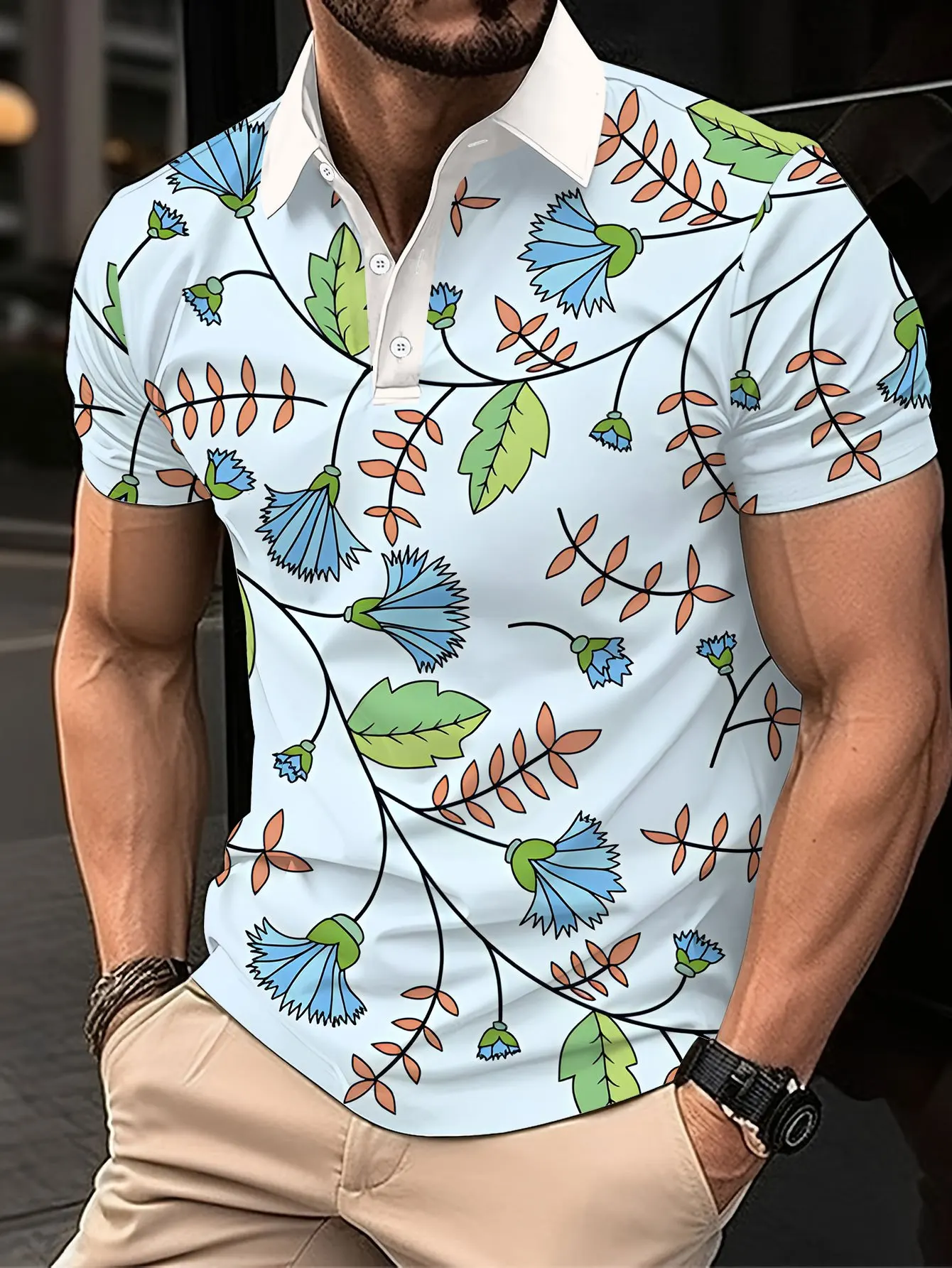 New men's short-sleeve polo shirt T-shirt, loose-fitting and tailored with printed patterns, versatile basic crew-neck top suita