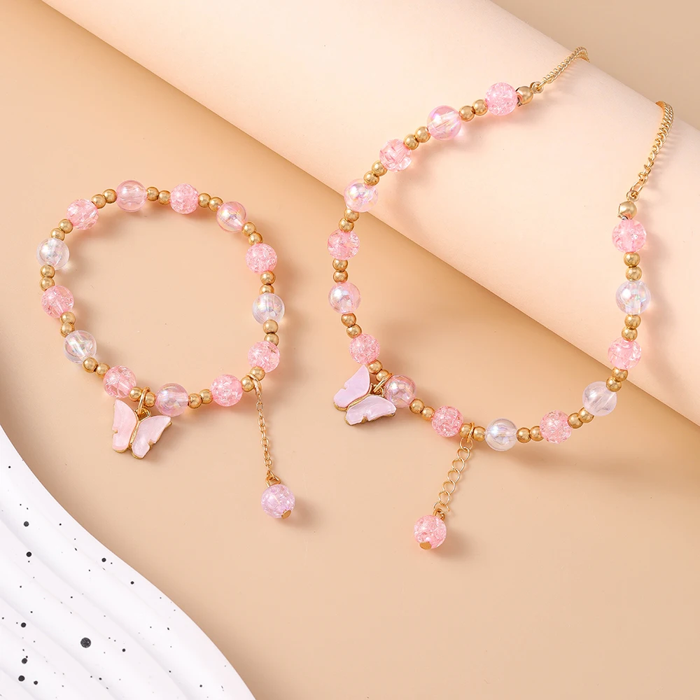 Aihua Romantische rosa Kristall Schmetterling Armband Halskette für Frauen Mädchen bunte Popcorn Perlen Halsband Halskette Schmuck Set – Detail 4