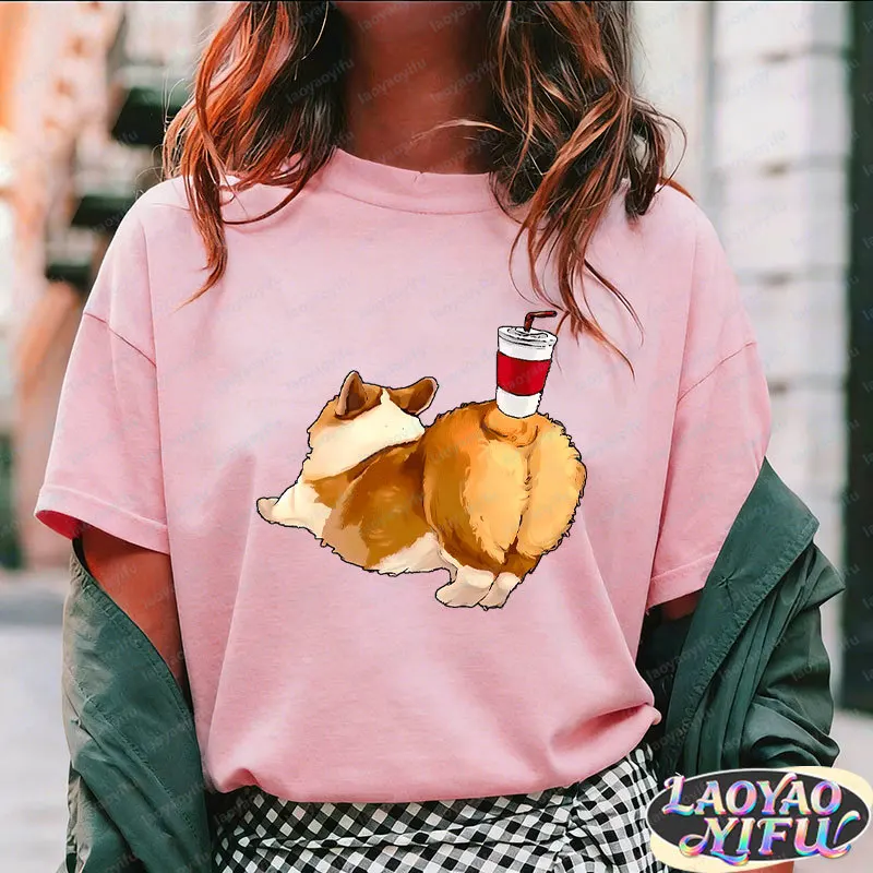 Cute-Corgi-Dog-Buttocks-Drink-Tshirt-Casual-Summer-Women's-Cotton-T-Shirt-Cute-Animal-Print-Loose-Fit-Trendy-Top-for-Women