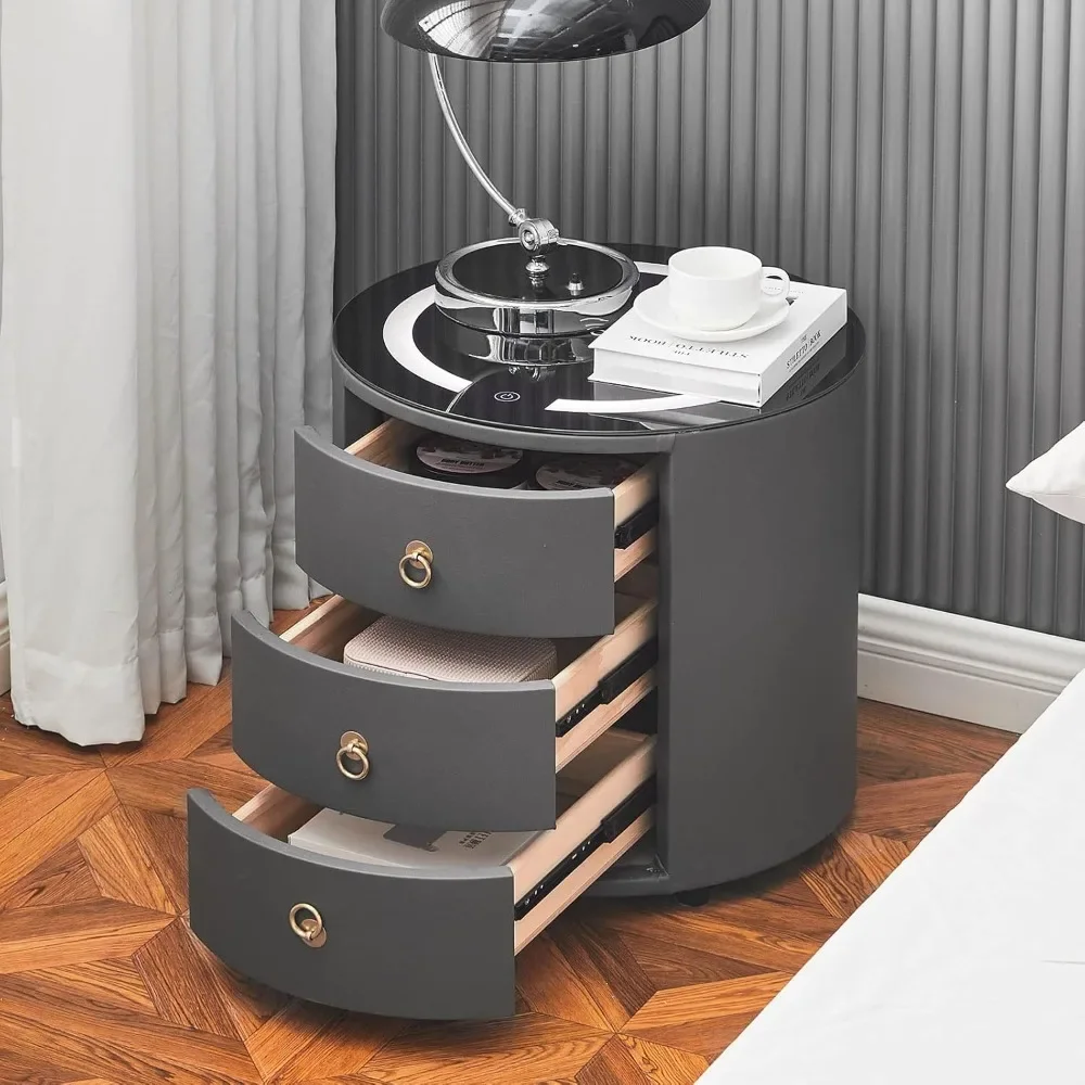 Modern Nightstand with 3 Drawers, Smart Nightstands with Wireless Charging Station, Adjustable Led Light, No Assembly