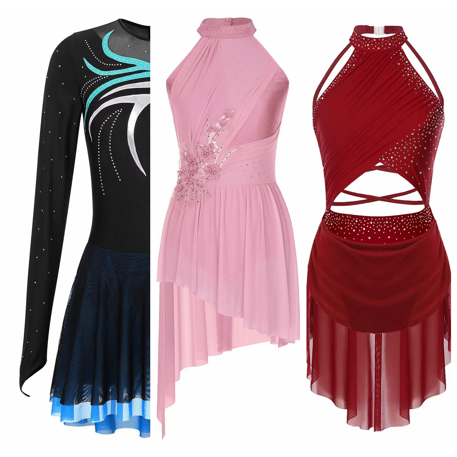 

Womens Lyrical Dance Ballet Figure Skating Dresses Sheer Mesh Modern Dancewear Dance Gymnastics Leotard Ice Skating Clothes