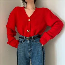 2024 primavera donna dolce carino rosso manica lunga maglione femminile autunno sciolto nuovo coreano Preppy solido maglia cuore Sexy scollo a V cardigan