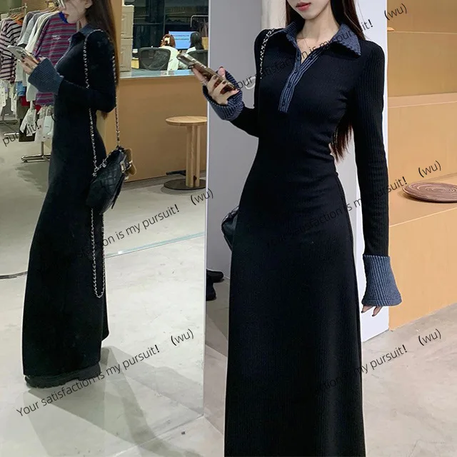 

Black splicing Polo neck knitted dress women's autumn and winter long-sleeved waist skirt retro temperament a-word long dress