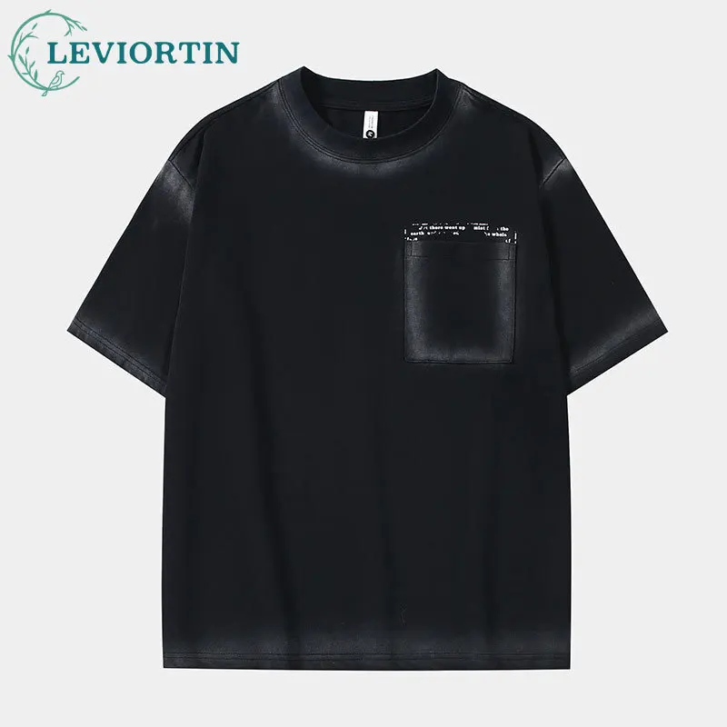 

Summer Korean version niche spray dyed vintage design, loose fitting T-shirt, trendy men's casual outfit with round neck top