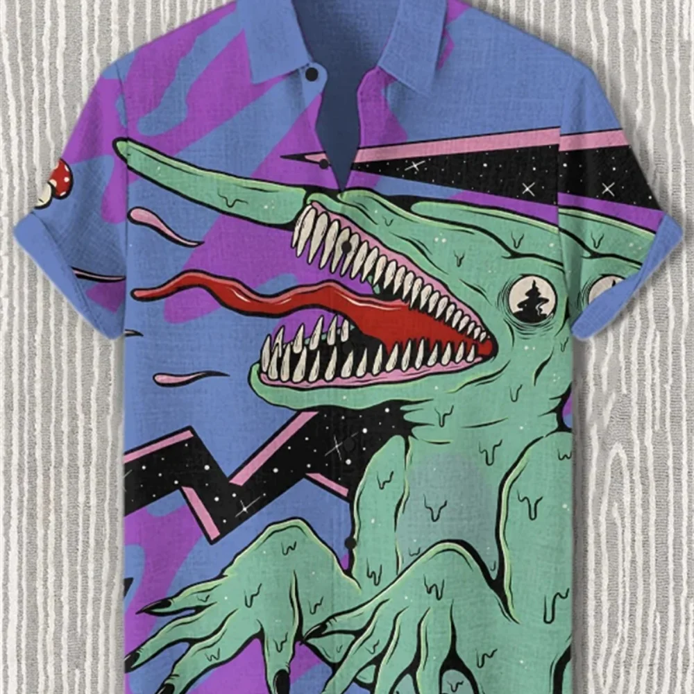Men's plus Size Short Sleeve Shirt Bizarre Monster Print Lapel Button Casual Linen Shirt Street Classic Trendy Clothing