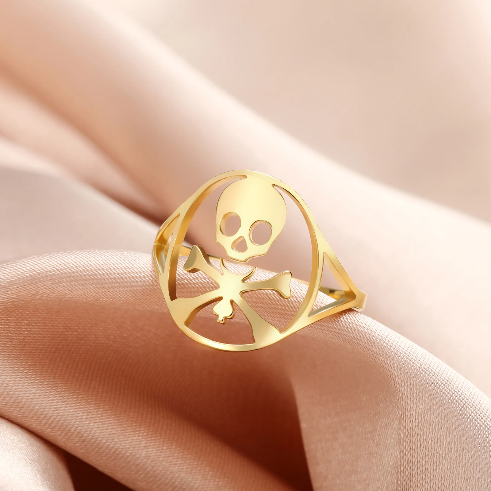 Hollow Skull Crossbones Ring Stainless Steel Vintage Pirate Ring for Men Gothic Punk Biker Statement Jewelry Birthday Party Gift