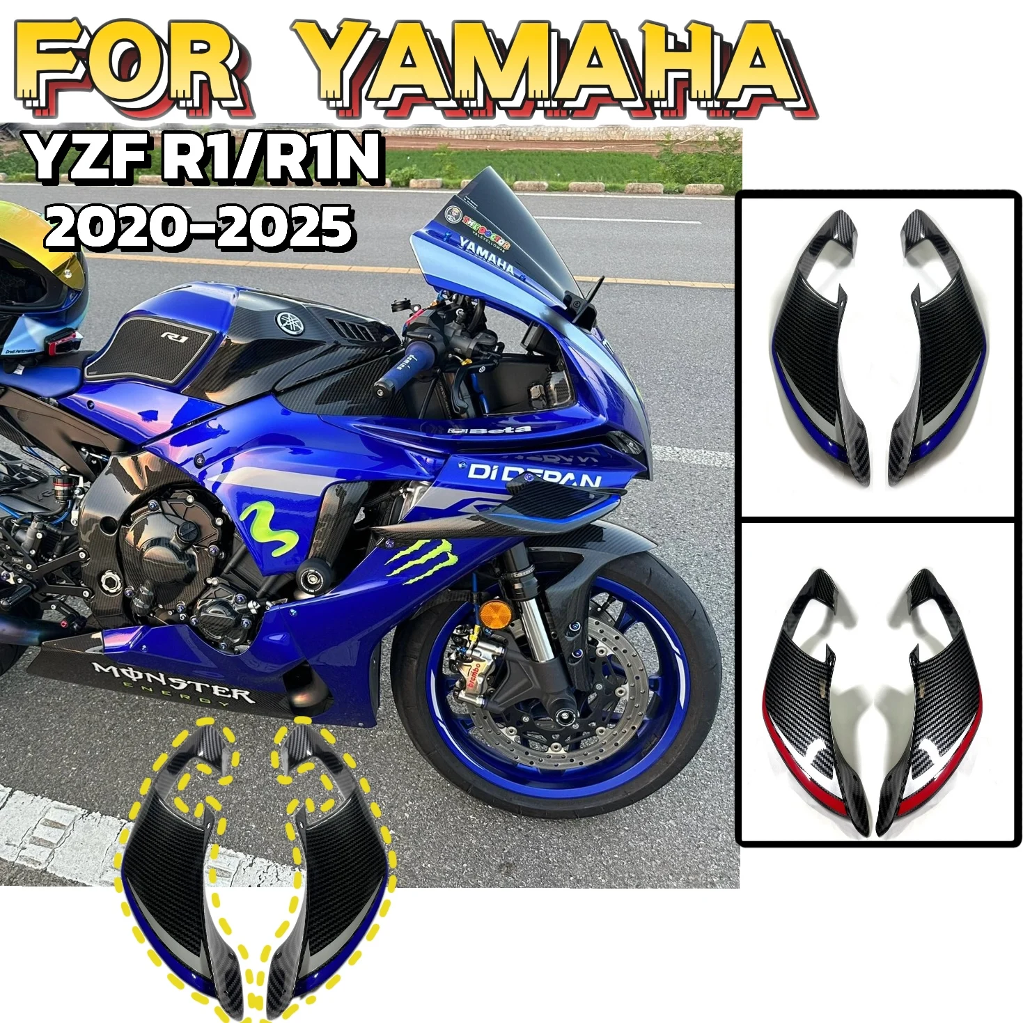 

FOR Yamaha R1 R1M 2020-2025 Front Fairing Winglets High-Quality ABS Plastic Bolt-Installed Downforce Moto Parts