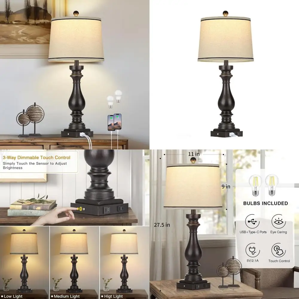 

Винтажная настольная лампа с 3 режимами яркости, USB-портами C+A и розеткой переменного тока, сенсорное управление, идеально подходит для гостиной и спальни