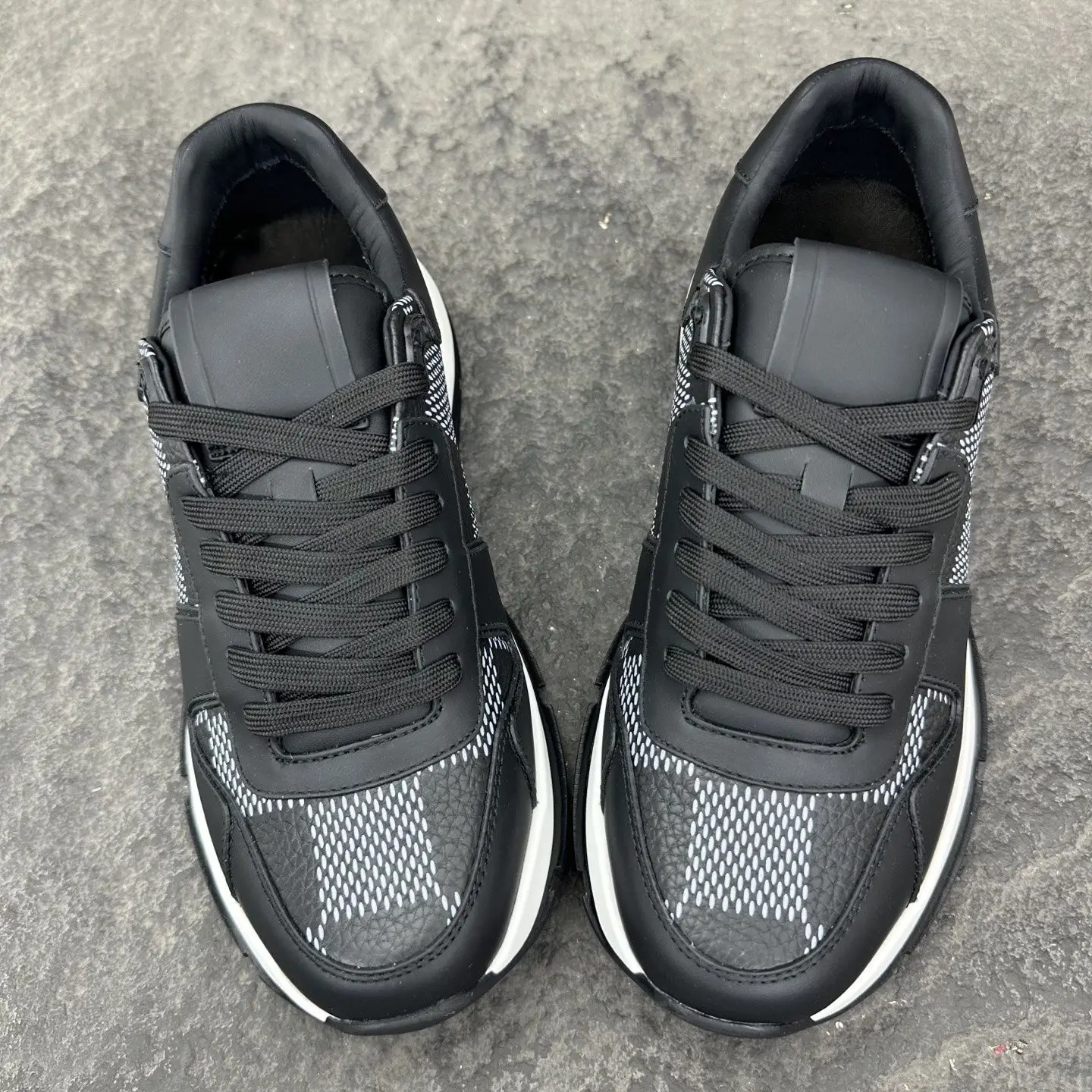 Unisex Black White Checkered Retro Sneakers Leather Fabric Splicing Low Top Thick Platform Sole Lace Up Heighten Daily Walking Casual Shoes