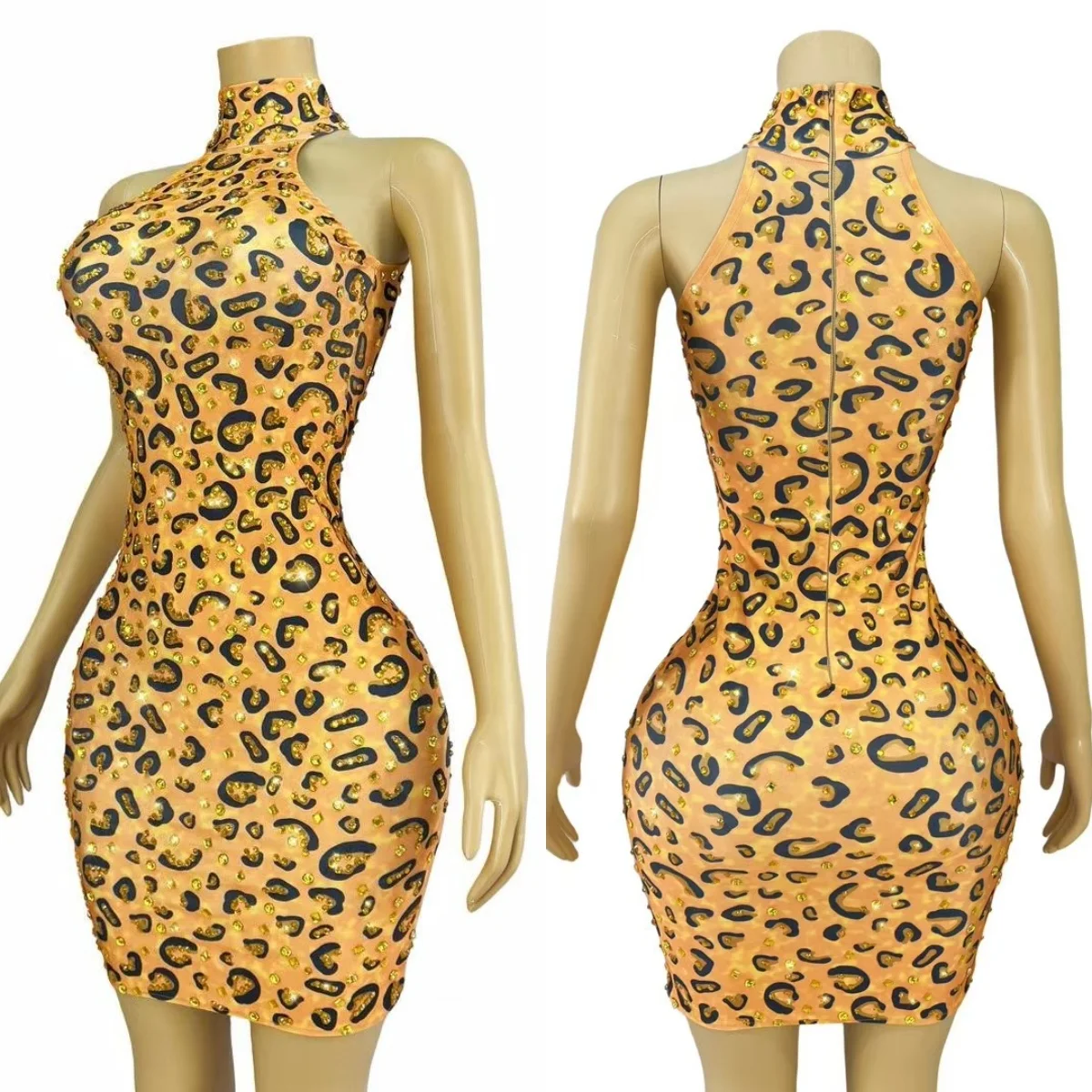 

Sexy Leopard Print Mini Dress Women Nightclub Party Seductive Tight Fitting Outfit Birthday Celebrate Photo Shoot Wear Banwen