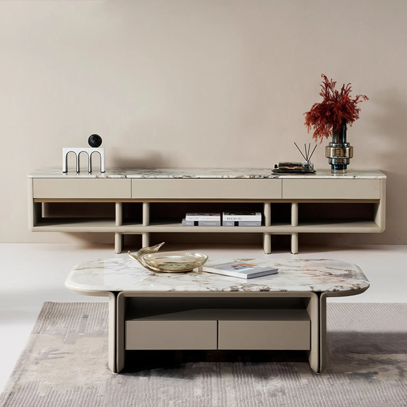 ⅹ- Marble Top TV Unit for Living Room TV Cabinet Modern Led TV Stand&