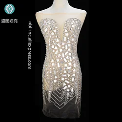 (1PC) Luxury Hand crocheted silver crystal glass rhinestone bodice applique party prom dress accessory WDD1360