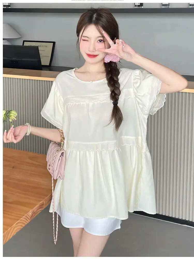 

2024 Pregnancy Summer Clothes Set Sweet Short Flare Sleeve O-Neck Lace Patchwork Loose Maternity Shirt Top Belly Shorts Twinset