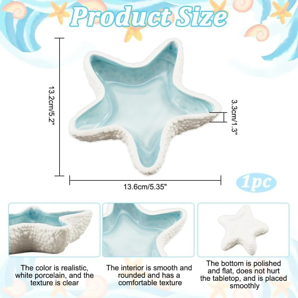 1pcs Starfish Shape Ceramic Jewelry Tray Aqua Shell Trinket Dish Ceramic Ring Earring Holder Ocean-themed Decorative Trinket