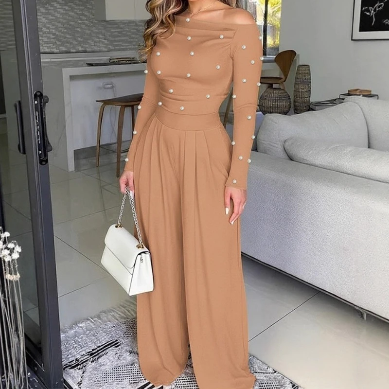 

Street Style Women's Jumpsuit Bubble Polyester Shoulder Oblique Fashion Long Sleeve High Waist Wide Leg Pants 2026 Spring
