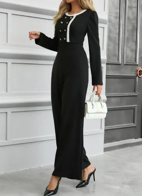 أنيقة سليم صالح مزدوجة الصدر عالية الخصر بذلة الخريف موضة جديدة الديكور الربط بأكمام طويلة مستقيم الساق بذلة