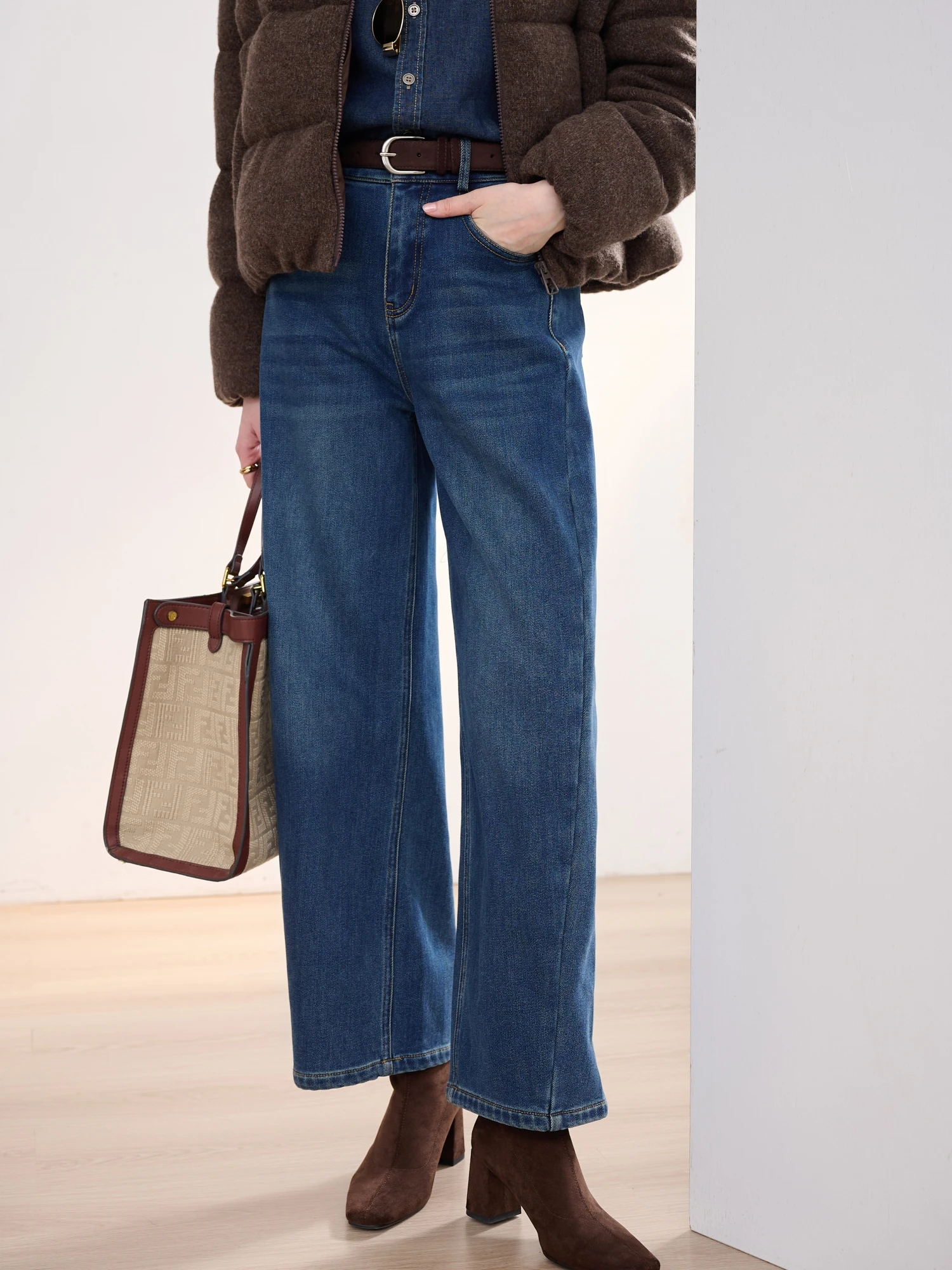 

JPOO облегающие джинсы с высокой талией и широкими штанинами на подкладке, хлопковые удобные легкие эластичные повседневные брюки для женщин