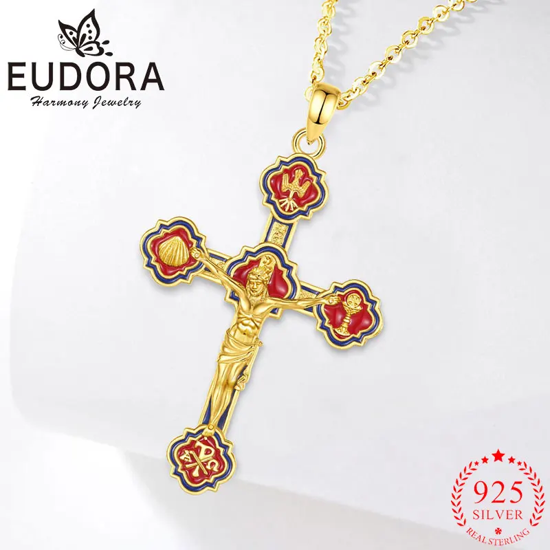 

Ожерелье с крестом Eudora с распятием, стерлинговое серебро 925 пробы, 18-каратное золото, кулон с Иисусом, христианский амулет, религиозные украшения для мужчин
