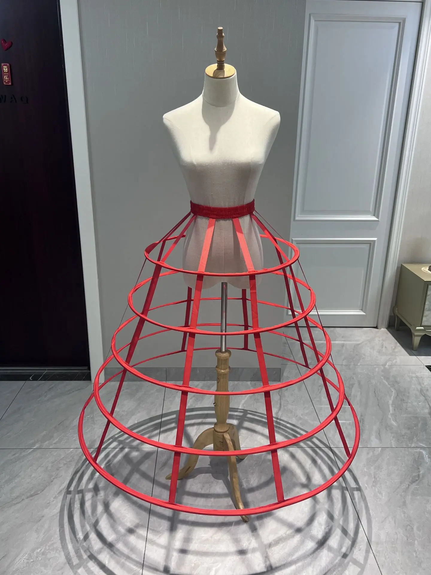 Ladies Red Hollow Cage 5 Hoops Skirt Petticoat Dress Floor Length Pannier Bustle Underskirt image 2
