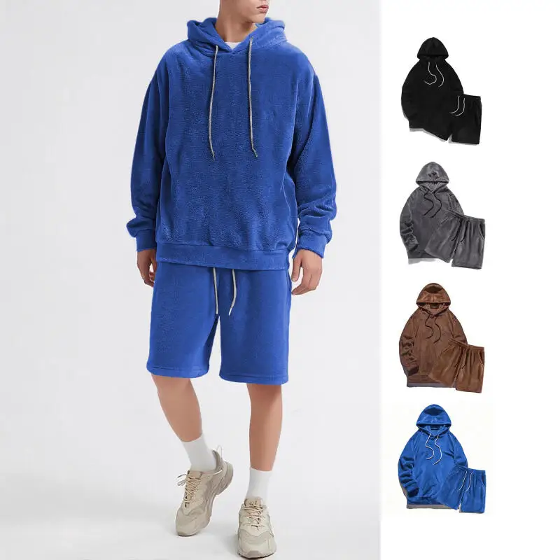 Winter and Autumn Large-Size Hooded Men's Casual Unique Fashionable Sweatshirt with Coral Fleece Shorts Set