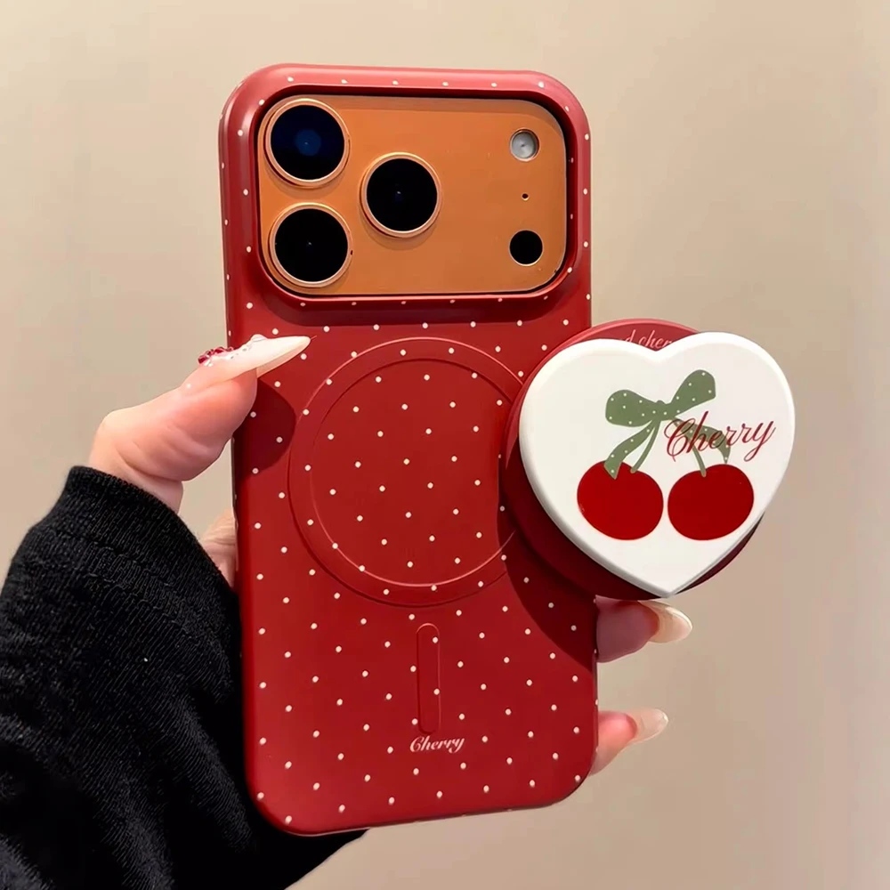 

Wine Red Polka Dot Cute Cherry Heart Magnetic Grip Tok Case for iPhone 17pro 16 15 14 17ProMax Wireless Charge for Magsafe Cover