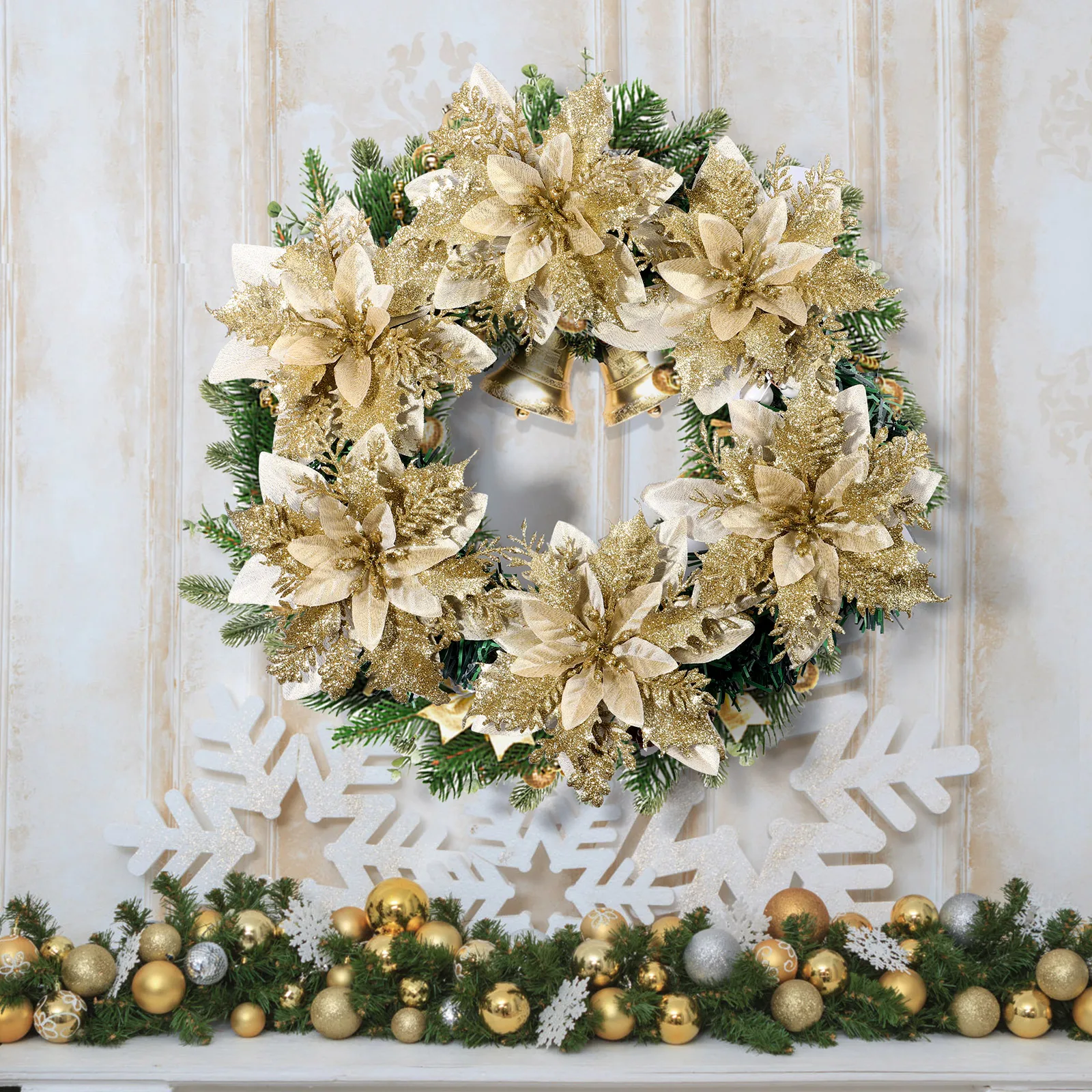 

12Pcs Christmas Glitter Poinsettia Flowers Artificial Flowers Christmas Tree Ornaments Party Decoration Holiday Home Wedding