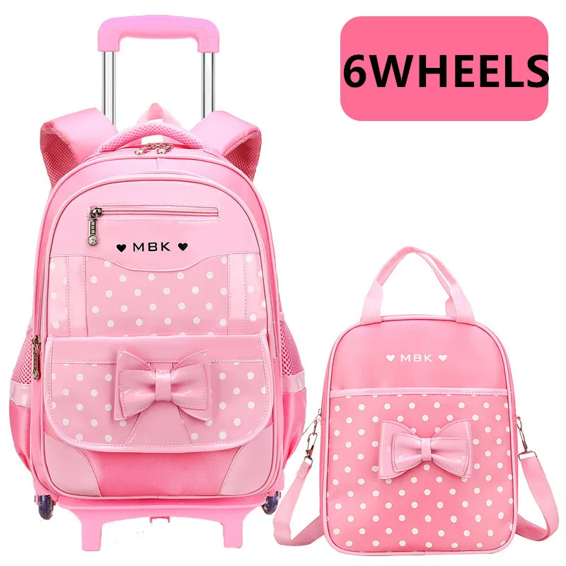 2024 Korean dot printed children backpack for teenage girls Cute bow waterproof kids school bags 2/6 wheels Trolley schoolbag