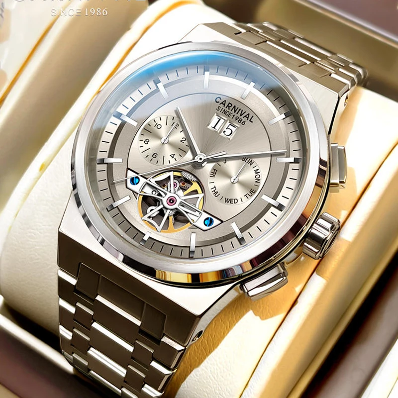 Luxury Brand CARNIVAL Automatic Mechanical Men's Watches Sapphire Multi-function He Gas 50M Waterproof Skeleton Clocks C8123G