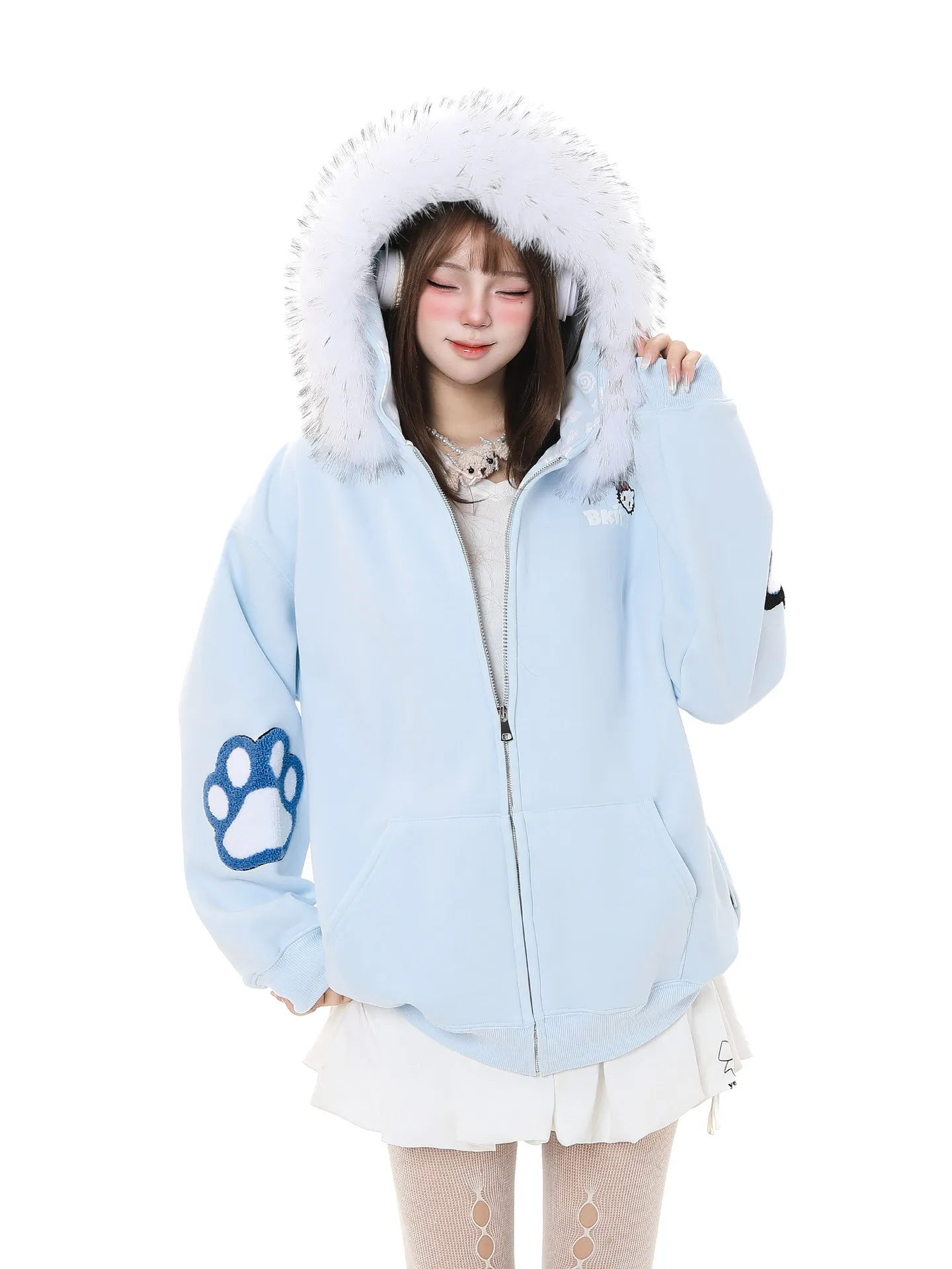 

Корейская толстовка-кардиган Katie с вышивкой и меховым воротником, женская свободная повседневная верхняя одежда, милый осенне-зимний пуховик для девушек