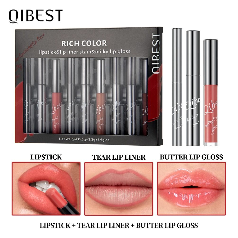 Zestawy do makijażu ust QIBEST zawierają szminkę, odczepianą konturówkę do ust, błyszczyk do ust o konsystencji maszynki do masażu, matową szminkę w odcieniach nude, trwały błyszczyk do ust.