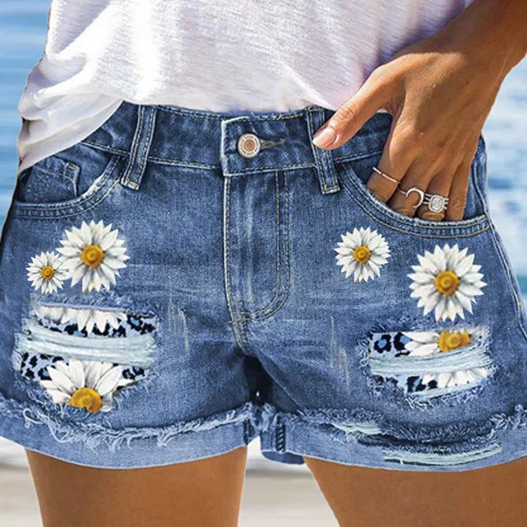 

Summer Pants Woman 2024 Collection Perforated Printed Patch Denim Shorts Women's High Waist Curled Edge Jeans Shorts Pants